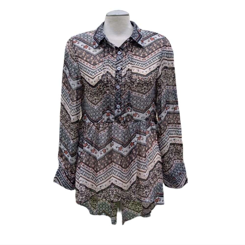 Simply Noelle Sheer Flowy Boho Patterned Blouse Empire Waist Sz 8